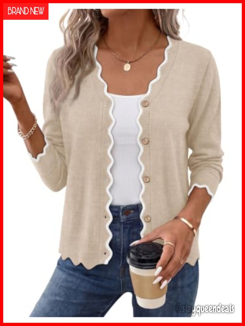 Scalloped Contrast Trim V-Neck Button Knit Cardigan Sweater Long Sleeve